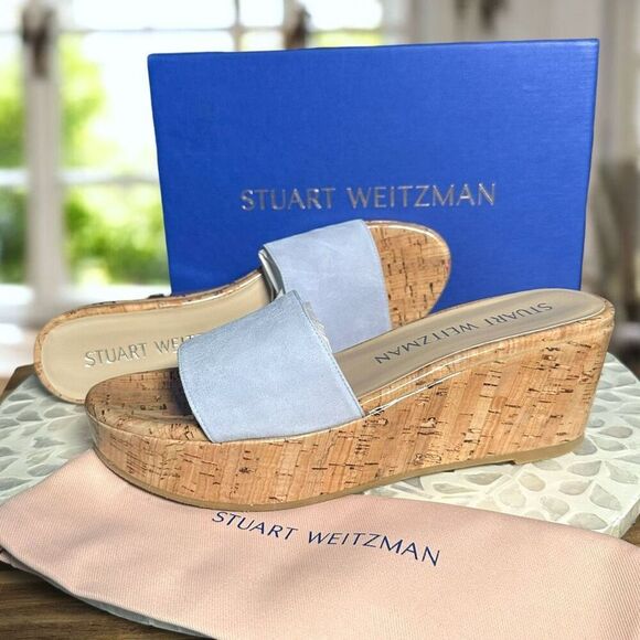 Stuart Weitzman $375 Summer Suede Leather Wedge Slide Sandals Cork Platform Slip - Picture 1 of 14